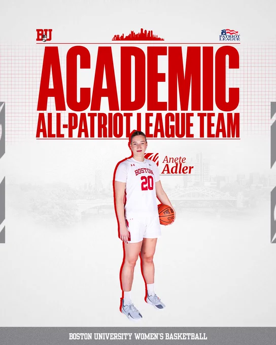 Graphic highlighting Anete Adler on the Academic All-Patriot League Team