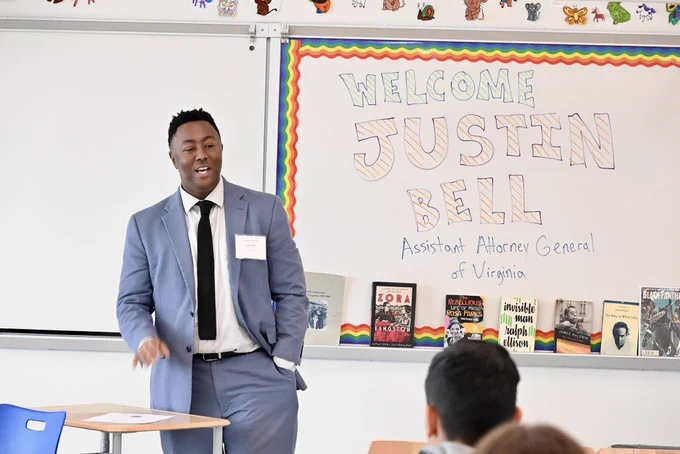 The Assistant Attorney General of Virginia presents to students