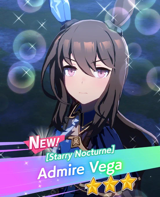 In game unlock graphic showing a dark-haired anime horse girl looking serious. Her name "Admire Vega" is overlaid over the graphic.