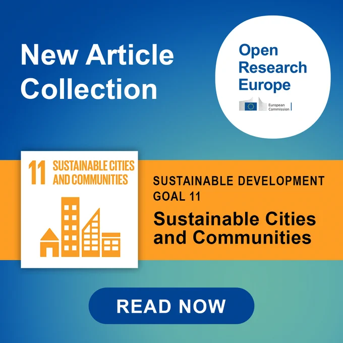 Ad for a \"New Article Collection\" from Open Research Europe featuring Sustainable Development Goal 11, \"Sustainable Cities and Communities.\" A button reads \"READ NOW.\"