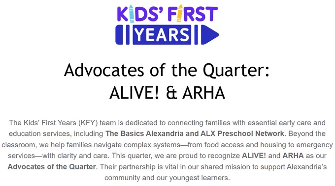 ARHA's Resident and Community Services (RACS) team was recognized as Advocate of the Quarter by Kids' First Years (KFY)! Congratulations!
