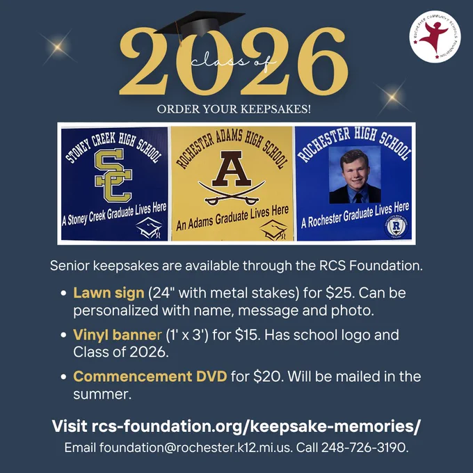 Graphic advertising RCS Class of 2026 lawn signs, banners and commencement DVDs for sale. 