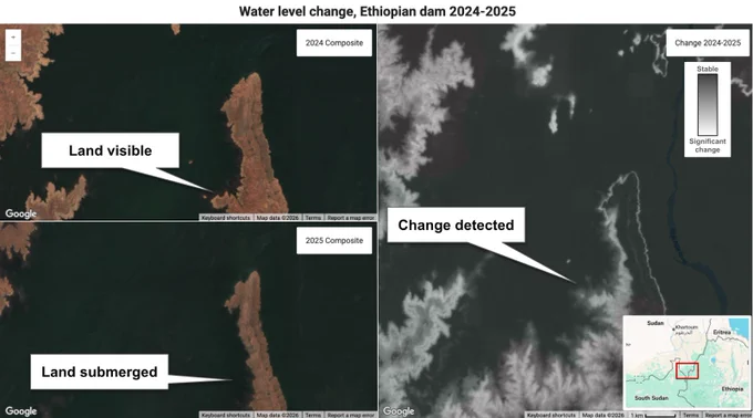 Comparison of satellite imagery titled "Water level change, Ethiopian dam 2024-2025" shows land visible in a 2024 composite that becomes submerged in a 2025 composite.