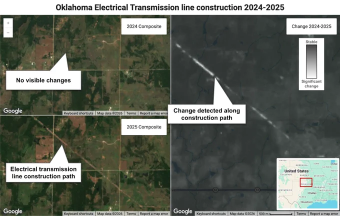 Graphic titled "Oklahoma Electrical Transmission line construction 2024-2025" compares satellite images to illustrate new infrastructure development.
