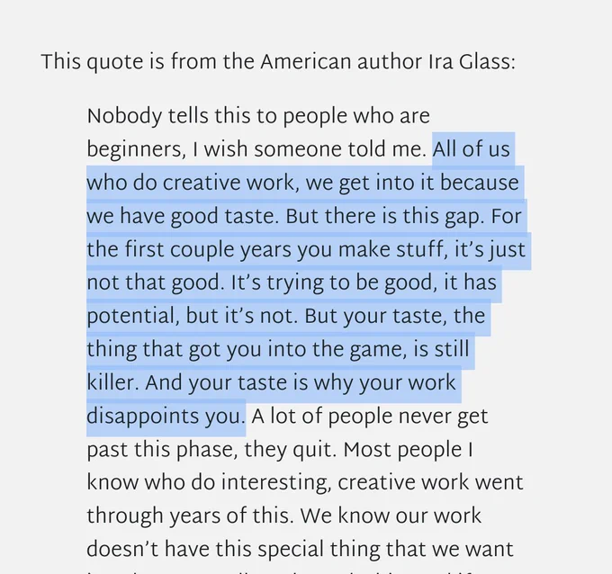The image features highlighted text of a quote by Ira Glass discussing the gap between taste and creative work in beginners.