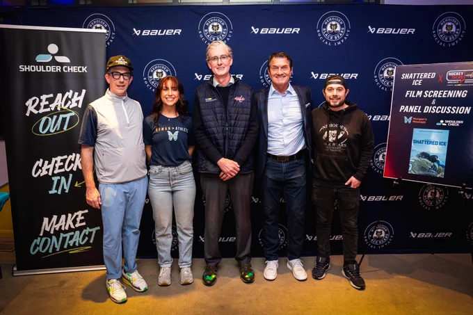Special guests from Morgan's Message, Shoulder Check, MedStar Health and the Capitals pose for a photo during Sunday night's screening of "Shattered Ice."