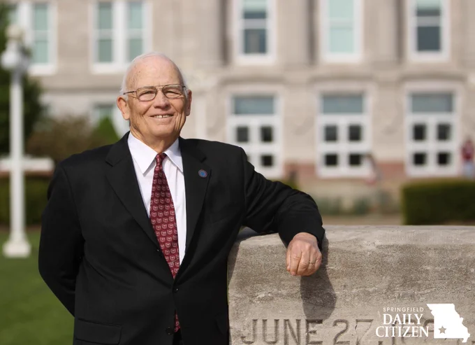 The eighth president of the institution, Dr. John H. Keiser served 12 years from 1993-2005. Keiser, the first president who had presidential experience, is shown here in front of Carrington Hall, the administration building. (Photo courtesy of Missouri State University)