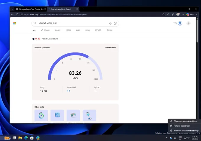 Bing-powered internet speed test rool on the taskbar
