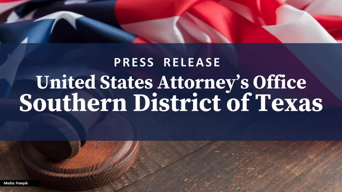 Image of a gavel and an American flag laying on top of a wooden desk. Text: PRESS RELEASE United States Attorney's Office Southern District of Texas