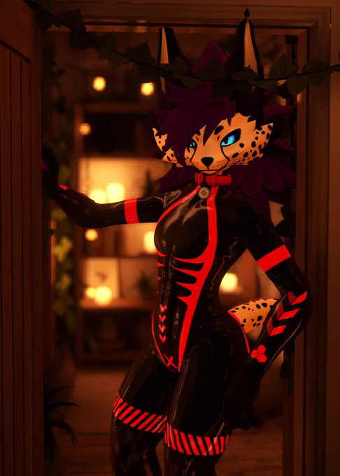 A photo of a cheetah novabeast in VRChat with glowing blue eyes, spiky purple mane and spotted fur, posed teasingly in a dimly lit doorway. He wears a glossy black latex bodysuit with bold red accents, stripes, chevrons. He stands in the door frame in front of an out-of-focus warm and cozy bedroom.