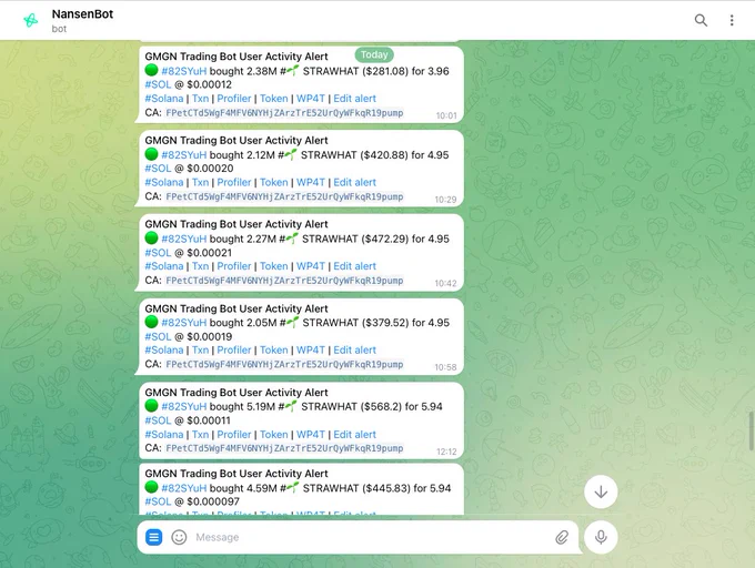 TG alerts I received for the GMGN wallet buying the $STRAWHAT token