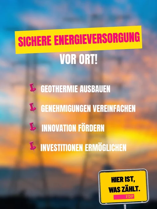 Ein großes, gelbes Schild mit der Aufschrift "Sichere Energieversorgung vor Ort!" mit einer Liste von Punkten, die diese Energieversorgung näher beschreiben.