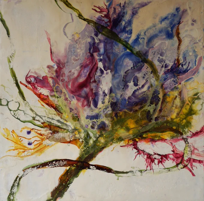 An abstract encaustic and shellac burn painting with organic branching forms in violet, green, yellow, and red on a pale background. Molten wax layers create translucent textures resembling roots, light veins, and natural energy networks.