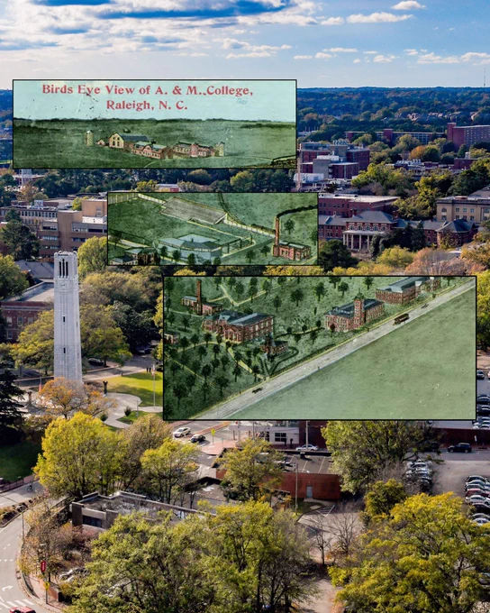 Aerial view of NC State University with historic postcards of A. & M. College overlaid, showing early campus buildings and surrounding greenery.