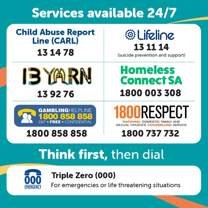 Services available 24/7:
Child Abuse Report Line (CARL): 13 14 78,
Lifeline: 13 11 14, 
13 YARN: 13 92 76,
Homeless Connect: 1800 003 308, 
Gambling Helpline: 1800 858 858,
1800RESPECT: 1800 737 732, 

Think first, then dial.

For emergencies or life-threatening situations, call Triple Zero: 000.
