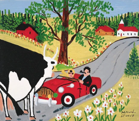 Maud Lewis, “Roadster and Cow,” c. 1960s, Collection of Dr. Doug Lewis and Florence Lewis, Digby, Nova Scotia.  