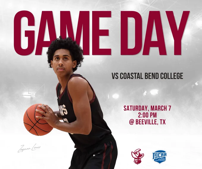Basketball player holding a ball with "GAME DAY" text above. Below, it reads "VS Coastal Bend College" with "Saturday, March 7, 2:00 PM @ Beeville, TX." Cavalier mascot and NJCAA logo shown.