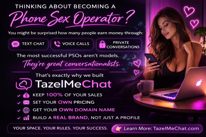 Thinking about becoming a Phone Sex Operator?

You might be surprised how many people earn money through:

• text chat
• voice calls
• private conversations

The most successful PSOs aren’t models.

They’re great conversationalists.

That’s exactly why we built TazelMeChat.

Creators on TazelMeChat:

✔ Keep 100% of their sales
✔ Set their own pricing
✔ Get their own domain name
✔ Build a real brand, not just a profile

Your space.
Your rules.
Your success.

👉 Learn more: TazelMeChat.com

#PSO #SideHustle #CreatorEconomy