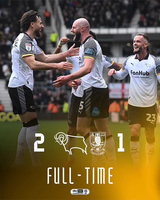 Full-Time: Derby County 2-1 Sheffield Wednesday.