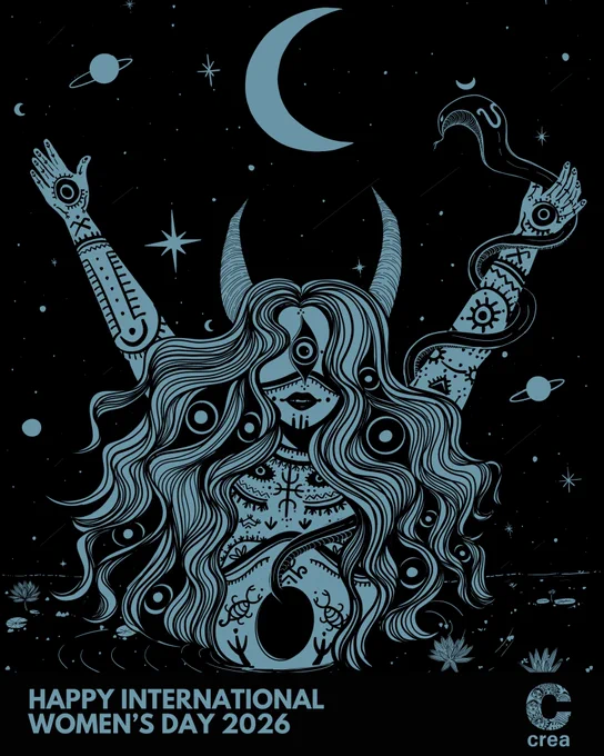 A monochrome blue illustration on a black background shows a mythical, horned woman emerging from water under a night sky filled with stars, planets, and a crescent moon. She has long flowing hair, a single eye on her forehead, and her arms are raised upward. A snake wraps around her right arm, while her hands display eye symbols. Her body and arms are decorated with mystical markings, moons, and eyes. Lotus flowers and ripples appear on the water around her. At the bottom of the image, the text reads “Happy International Women’s Day 2026,” and the CREA logo appears in the lower right corner.