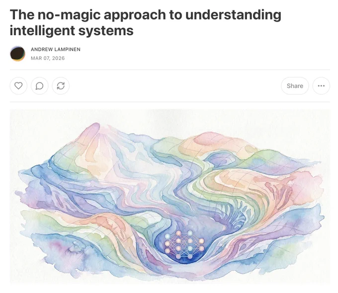 Title: The no-magic approach to understanding intelligent systems 
Image: an abstract watercolor of a neural network at the bottom of a loss landscape