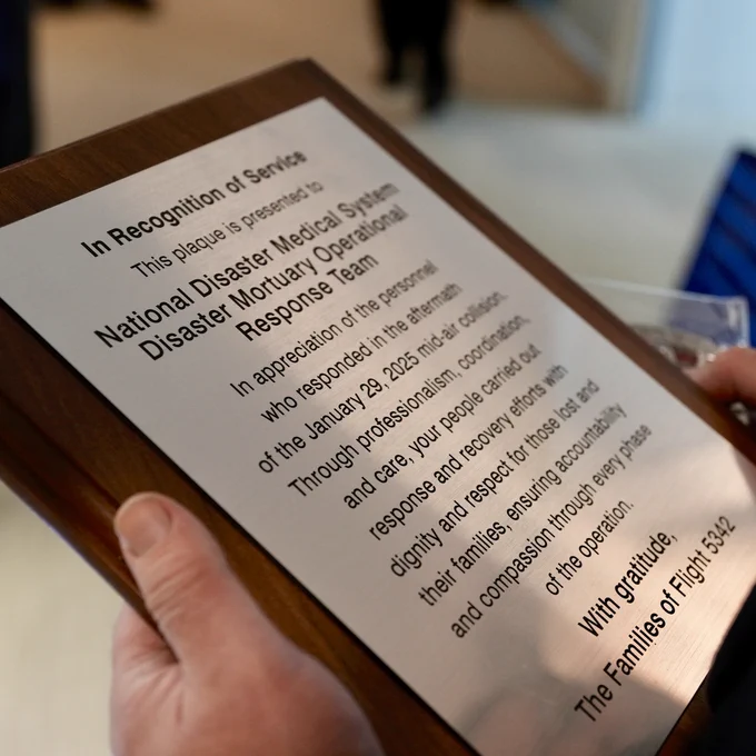 The plaque from the DC Fire and EMS Foundation and the Families of Flight 5342
