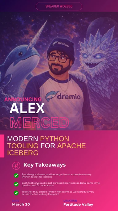 We're excited to have Alex Merced deliver Modern Python Tooling for Apache Iceberg

Key takeaways
PyIceberg, iceframe, and iceberg-cli form a complementary Python toolkit for Iceberg
Each tool serves a distinct purpose: library access, DataFrame-style queries, and CLI operations
Together they enable Python-first teams to work productively across the full Iceberg lifecycle

If this sounds like an awesome talk, why not get yourself a ticket today to the conference - it's only $175 AUD.