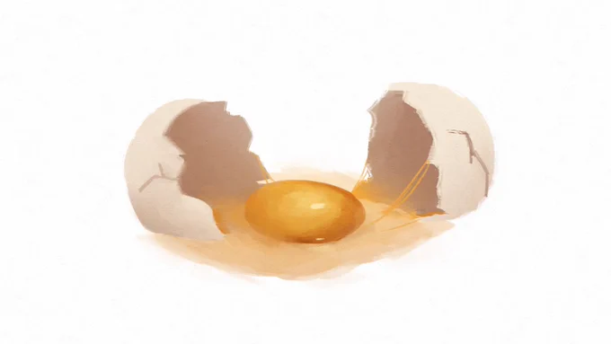 A simple digital painting of a cracked egg with spilled out yolk in the middle.