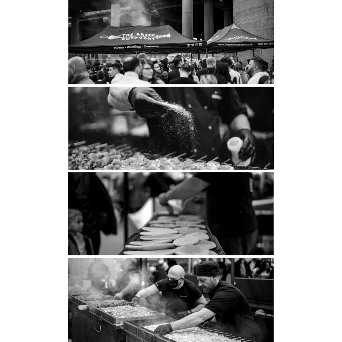 Black & White photographs by Gorilla Drones Ltd of an event of The Greek Outdoors, an events catering company. Photos take with LUMIX camera.