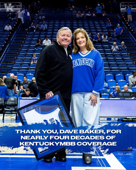 A photo of Dave Baker on the court in Rupp Arena showing with text thanking Dave for nearly four decades of coverage