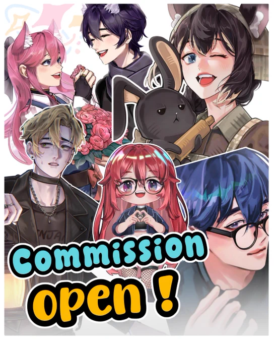 A vibrant collage of detailed, anime-style character illustrations rendered with soft lighting. At the center is a cute chibi figure making a heart sign, surrounded by five larger semi-realistic portraits of diverse characters, like a cat-girl with roses and a weary man with a lantern. The composition emphasizes detailed digital painting on faces and textures, and the large text below announces 'Commission Open !'.