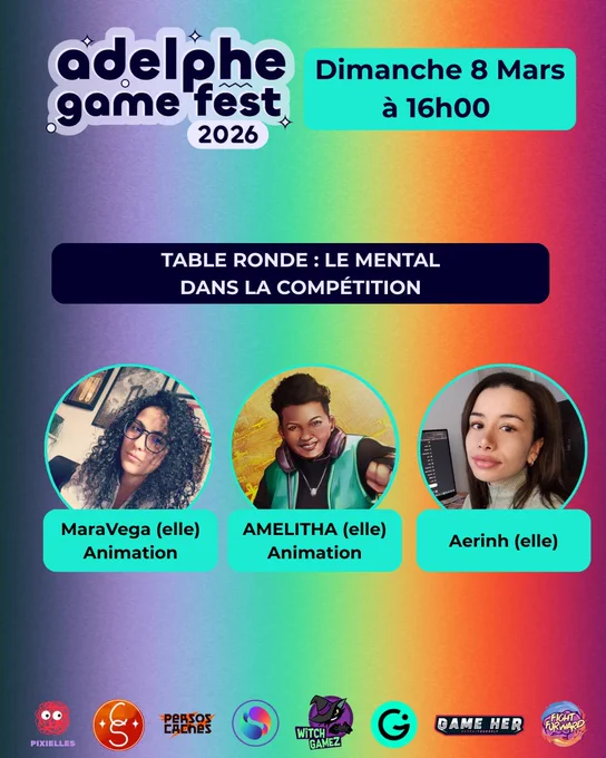 C’est parti pour le deuxième jour !
Table ronde 
Aujourd’hui
16h
https://www.twitch.tv/fightforward
Dans le cadre de l’#AdelpheGameFest2026, on échange autour de :
le Mental dans la compétition
On vous attend nombreux·ses
