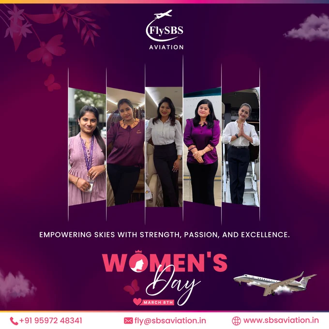 International Women’s Day post by FlySBS Aviation featuring a purple-themed design with five women employees displayed in vertical panels at the center. The graphic includes the FlySBS Aviation logo at the top, decorative floral elements, and a private jet illustration. The text reads “Empowering Skies with Strength, Passion, and Excellence” and “Women’s Day – March 8th.” Contact details for FlySBS Aviation are shown at the bottom.