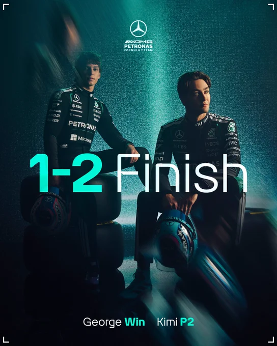 A 1-2 graphic featuring George Russell and Kimi Antonelli sitting on tyres, featuring the following information:

George win
Kimi P2