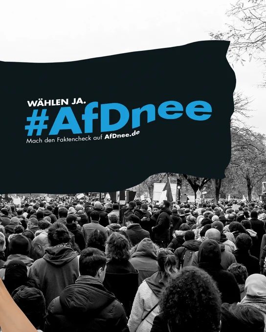 Zu sehen ist eine Menschenmenge von hinten über deren Köpfen eine #AfDnee-Fahne geschwenkt wird.