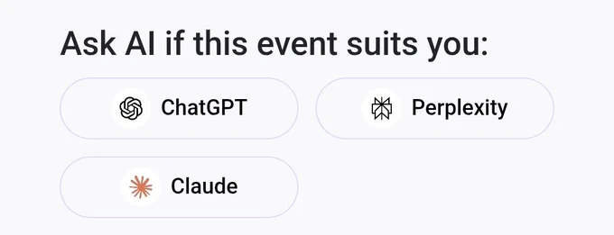 Screenshot from a website with the text 'Ask AI if this event suits you.'
There are links to AI including ChatGPT, Perplexity, and Claude.