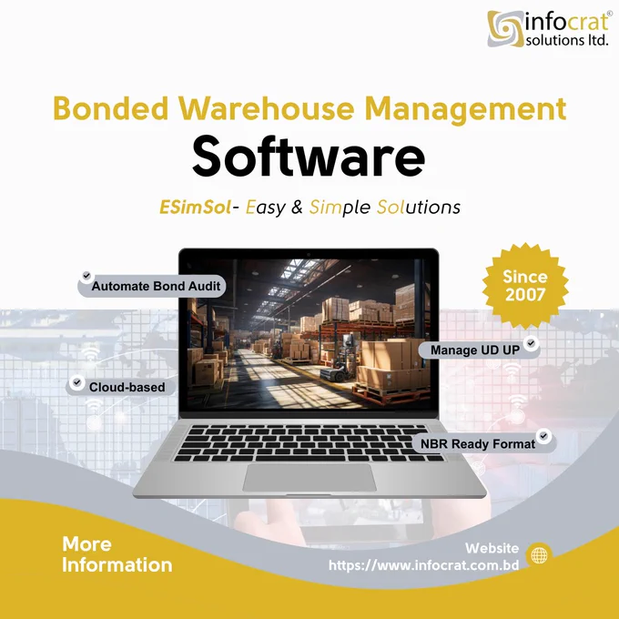 ESimSol Bonded Warehouse Management Software dashboard displaying automated UD UP management, bond stock balance, and NBR ready formats for manufacturing industries in Bangladesh.