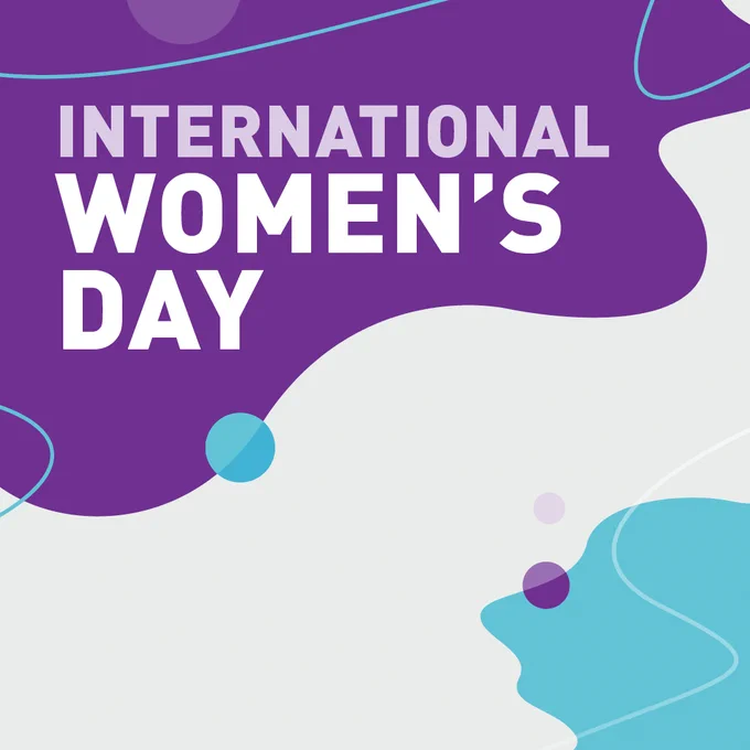 Purple and blue blobs on a light grey background. Text in the top left says 'International Women's Day'