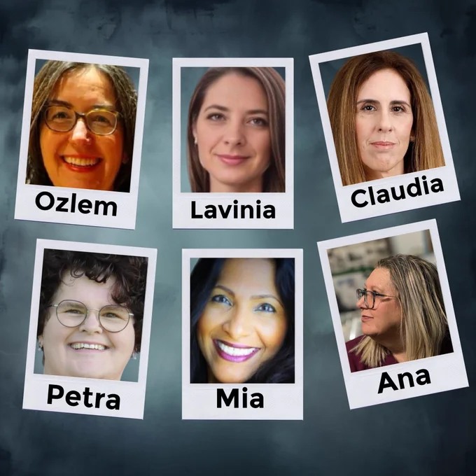 A collage of six Polaroid-style portrait photos arranged in two rows on a dark teal, smoky background. Each photo is labeled with a first name in bold black text. Top row, from left to right: Ozlem, a smiling woman with curly reddish-brown hair and glasses; Lavinia, a woman with straight brown hair and a neutral expression; Claudia, a woman with straight auburn hair and a serious expression. Bottom row, from left to right: Petra, a smiling woman with short curly dark hair and round glasses; Mia, a smiling woman with long dark hair and a bright purple lip; Ana, a woman with shoulder-length blonde highlighted hair and glasses, photographed from a slight side angle.