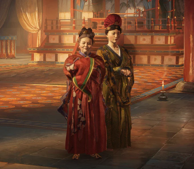 Screenshot of an elderly korean queen, scarred and serious. Behind her stands her young daughter.