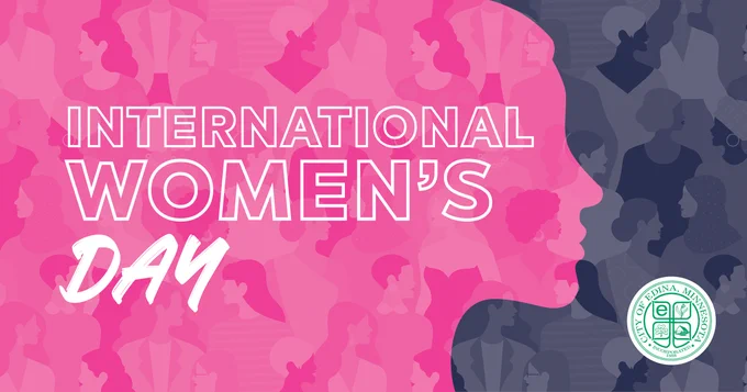 International Women's Day graphic with diverse women silhouettes in pink and purple tones, City of Edina, Minnesota seal in the corner.