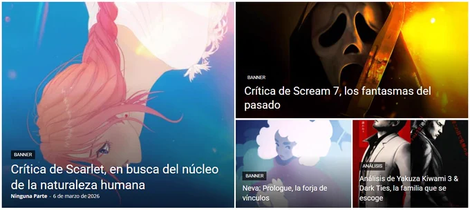 Pantallazo del encabezado de nuestra página web ningunaparte.com con la miniatura de algunos de nuestros textos