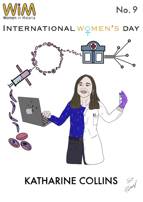 The image shows a sketch of Dr Katharine Collins, the co-inventor of the R21 malaria vaccine. Dr Collins is wearing a lab coat on one side and holding a falcon tube and on the other side typing on a laptop. Surrounding Katharine are icons representing her contribution in the development of the R21 vaccine.