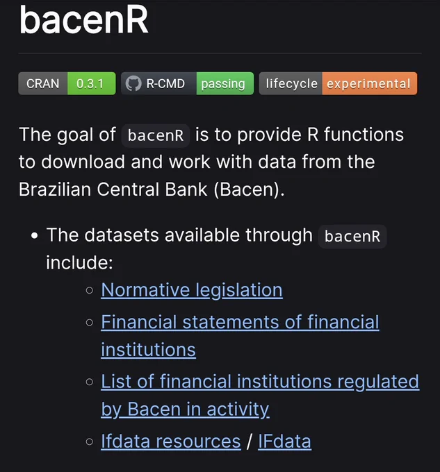 Print do repositório do github do pacote bacenR mostrando que a versão 0.3.1 está disponível no CRAN,  passa pelo r-cmd e está em estado experimental. A descrição diz que  o pacote tem objetivo de coletar dados do bace.