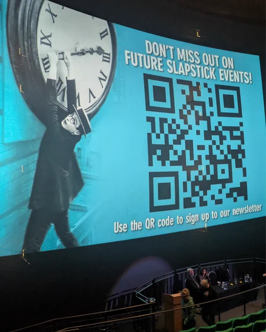 SlapstickFest newsletter QR code with Clocktower scene from Safety Last