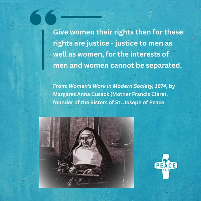 Illustration of Margaret Anna Cusack with a quote from Women's Work in Modern Society (1874): Give women their rights then for these rights are justice - justice to men as well as women, for the interests of men and woman cannot be separated.