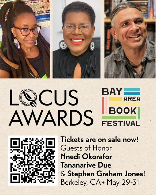 3 headshots of nnedi okorafor, tananarive due, and stephen graham jones on a paper background with text and a qr code