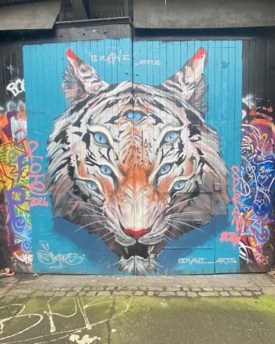 Multi-eyed Tiger Mural by artist Brave Arts, painted on a wall off Brick Lane in London Photo ©Hookedblog