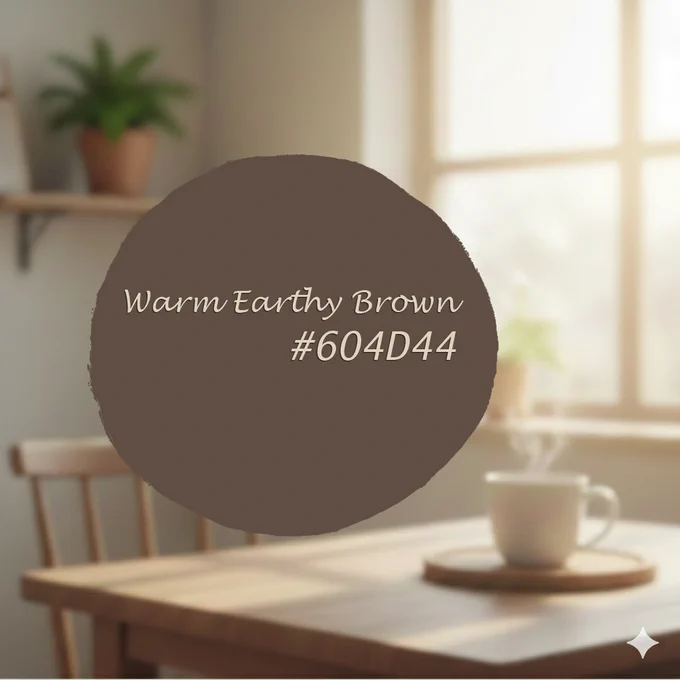 This image features a blurred, cozy kitchen or dining area in the background, bathed in soft, natural morning light. In the foreground, a large, dark brown circular swatch with a textured edge is centered.

Inside the circle, the following text is displayed in a light tan, handwritten-style font:

    Warm Earthy Brown

    #604D44

The background shows a wooden table with a steaming white mug on a coaster, a wooden chair, and a shelf with a small green plant, all softly out of focus to emphasize the color swatch.