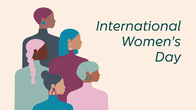 Illustrated image of five women in colorful clothing and accessories. The text reads "International Women's Day.